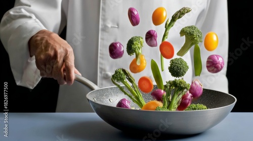 Chef in white coat skillfully tossing colorful vegetables in a frying pan, showcasing vibrant ingredients in mid-air, emphasizing culinary artistry and healthy cooking techniques