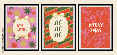 A collection of Christmas greeting cards with whimsical holiday ornaments.