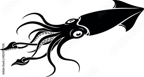 Stylized black and white squid illustration with tentacles and suction cups, bold graphic marine animal vector for ocean-themed designs.