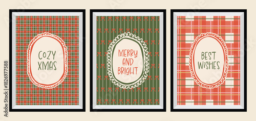 A collection of Christmas greeting cards with whimsical holiday ornaments.