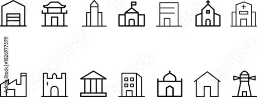 Vector illustration set of wooden house, cottage, fence, and church architectural elements