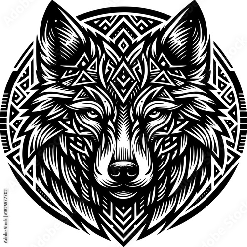 Tribal Wolf Illustration: An artistic and tribal illustration of a wolf with intricate patterns, capturing the wild essence in monochromatic style.