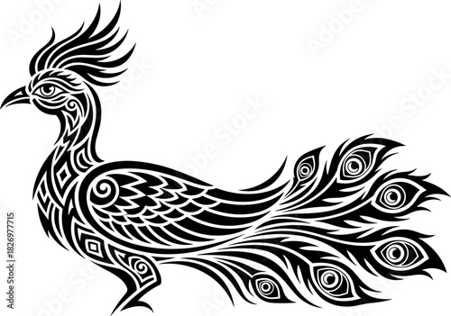 Tribal peacock vector illustration with ornamental feathers, symmetrical design, bold black lines, ethnic tattoo style, decorative bird artwork for print