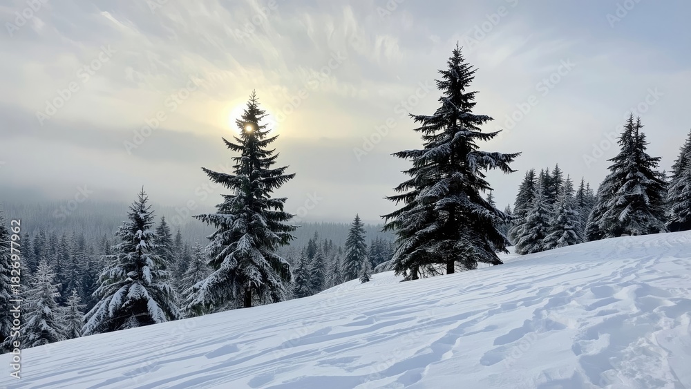 Naklejka premium Snow-covered forest with tall pine trees in winter, landscape, cold weather, nature scene.