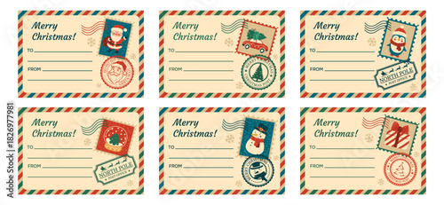 A set of blank retro templates for personalized Christmas gift tags and stickers. Letter-style with a postage stamp and seal. Design "from and to." Vector illustration.