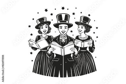 Joyful Christmas Carolers Singing with Songbooks Under a Starry Night