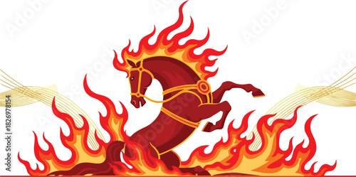 A maroon horse rears amid bright orange flames mane ablaze with golden lines in the background