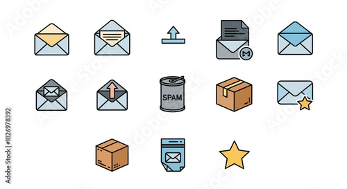 Mailbox email message spam box delivery inbox send receive letter communication star vector graphic set
