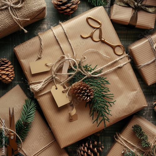 christmas gift wrapping flat lay, kraft paper, jute twine, pinecones, fir branches, cozy aesthetic