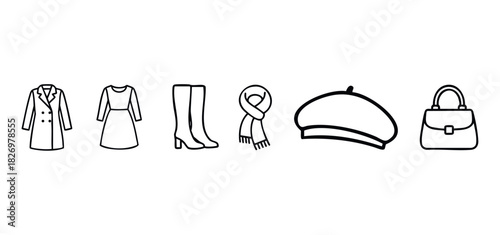 Collection of simple line art icons representing classic womens clothing and accessories for a stylish wardrobe, perfect for fashion editorials and blog posts.