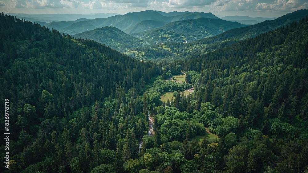Fototapeta premium Lush green forested mountains with a small river running through the valley, surrounded by hills and distant mountain ranges.