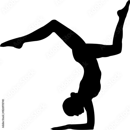 Silhouette of woman holding advanced forearm balance Pincha Mayurasana variation with strong balance flexibility and core control