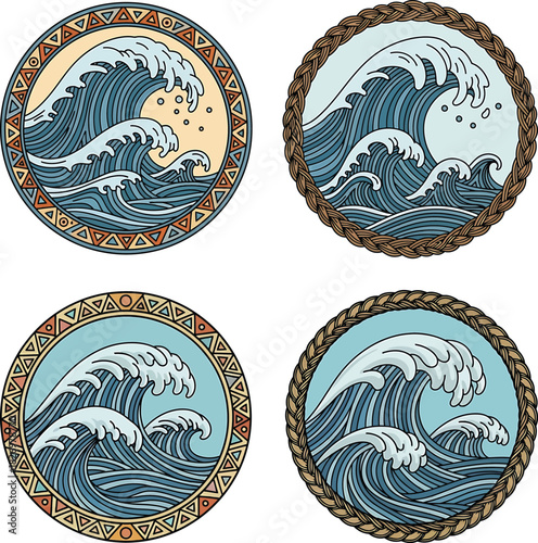 Ocean Waves in Circular Designs with Intricate Borders and Stylized Water Art for Print Media