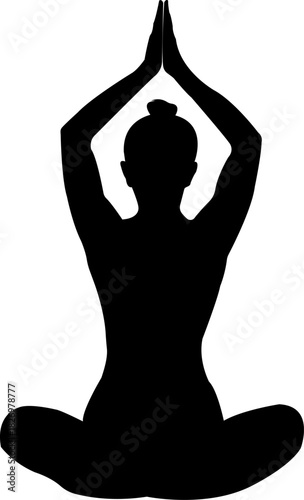 Woman sitting in Lotus Pose with raised arms practicing mindful meditation balance and calm energy