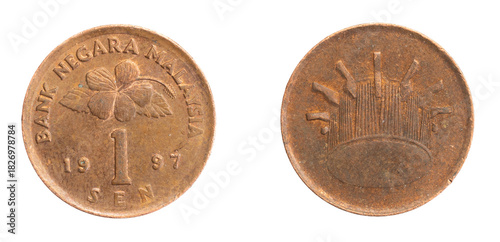 Photography Malaysia one sen coin on a white isolated background