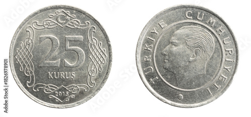 Fototapeta Naklejka Na Ścianę i Meble -  Turkey twenty five kurus coin on a white isolated background