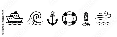 Nautical icons including a ship, waves, anchor, life preserver, and lighthouse perfect for maritime themes and marine designs.