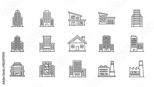 Modern line art icon set of diverse architecture. Includes urban skyscrapers, residential houses, and industrial structures, ideal for design and real estate projects