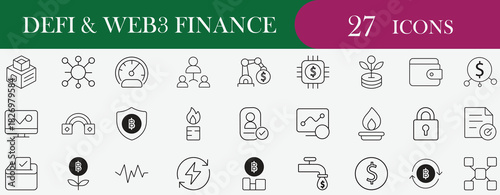 DeFi Web3 Finance Outline Icon Set. Containing crypto, blockchain, security, banking, and currency symbols. Editable vector icon for fintech apps and technology platforms