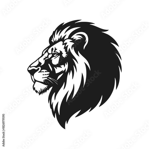 Side-profile lion head logo with detailed fierce expression, bold black mane with flowing sharp shapes