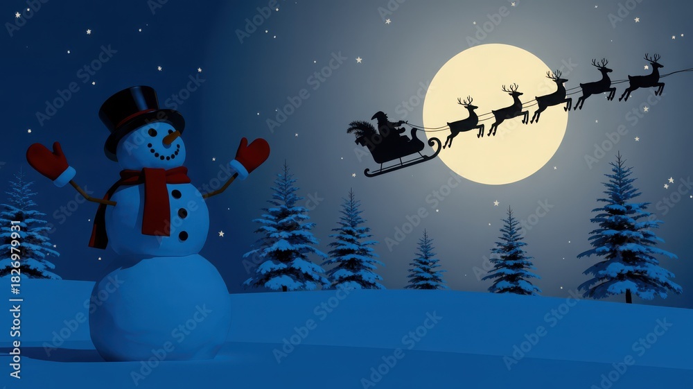 Fototapeta premium A cheerful snowman watches santa claus and his reindeer flying across a bright full moon night sky