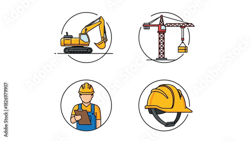 Construction Icons Excavator, Crane, Worker, Helmet, Industry and Building Elements
