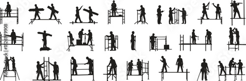 Construction worker silhouettes on scaffolding, building labor crew, industrial teamwork illustration, safety equipment scene, professional job site activity collection