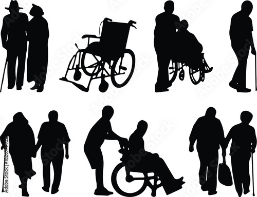 Elderly care silhouettes, senior people walking and in wheelchairs, caregiver assistance poses, aging support illustration set for healthcare and medical design