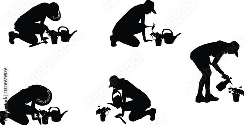 Gardening silhouette collection, person planting flowers, watering plants illustration, garden work poses, horticulture activity set with tools and watering cans