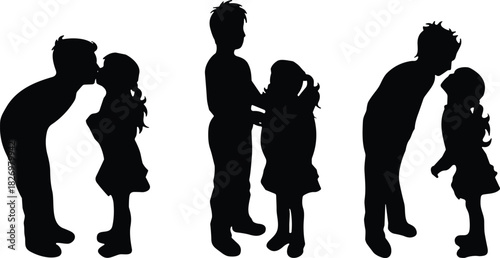Parent and child silhouette set, loving family interaction poses, caring father daughter moments, emotional bonding illustration for family relationship design