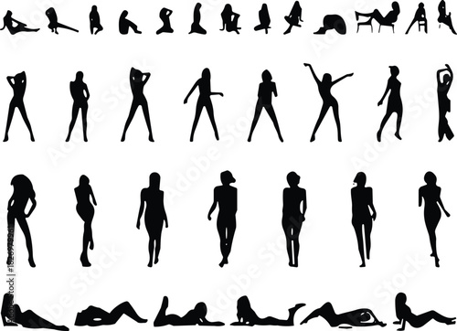 People silhouette poses collection, standing and sitting figures, walking and relaxing human shapes, diverse body posture illustration set for design