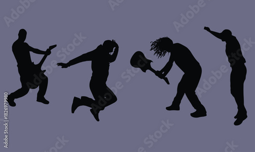 Rock band silhouettes, energetic musicians performing, guitar players and singer poses, dynamic concert movement illustration, music performance artwork collection