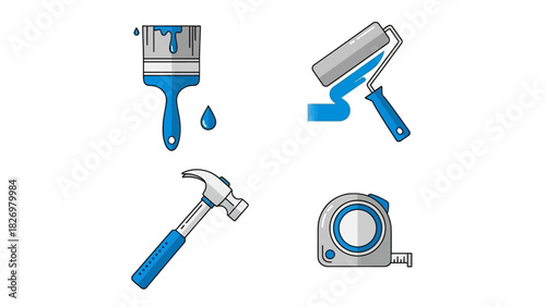 Home Improvement Tools Brush, Roller, Hammer, and Tape Measure Icons