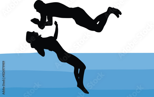 Swimming silhouette illustration, two people underwater, diving and floating figures, water sports scene, aquatic movement artwork with blue layered waves