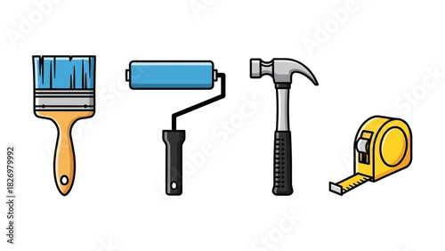 Essential tools for home renovation and DIY projects, featuring a paintbrush, paint roller, hammer, and measuring tape in a clean, illustrative vector style