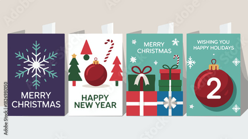 Four flat design holiday greeting cards with Christmas and New Year themes and gift boxes Keywords: christmas, new year, greeting card, holiday, festive, merry christmas, happy