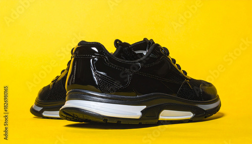 Black patent leather and mesh sneakers with white and grey soles on yellow background shoes