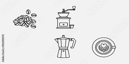 Coffee Icons Beans, Grinder, Moka Pot & Latte Art Line Art