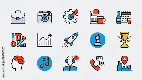 Set of Flat Icons Representing Business, Technology, and Creative Concepts vector illustration
