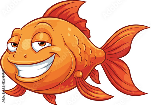 Cartoon orange fish, toothy grin, confident expression, vibrant fins, humorous character design, underwater theme, flat vector illustration