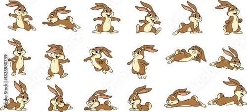 Cartoon rabbit poses, expressive bunny character, jumping, running, lying down, cheerful animal design, animation reference, flat vector illustration