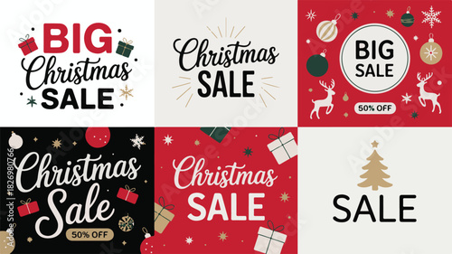 Six square graphic design elements for Christmas sales with festive decorations and typography Keywords: christmas, sale, big sale, christmas sale, discount, offer, promotion
