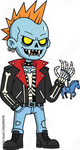 Punk skeleton character, mohawk hairstyle, leather jacket, cartoon rebel, edgy fashion, bone hand, unique style, flat vector illustration