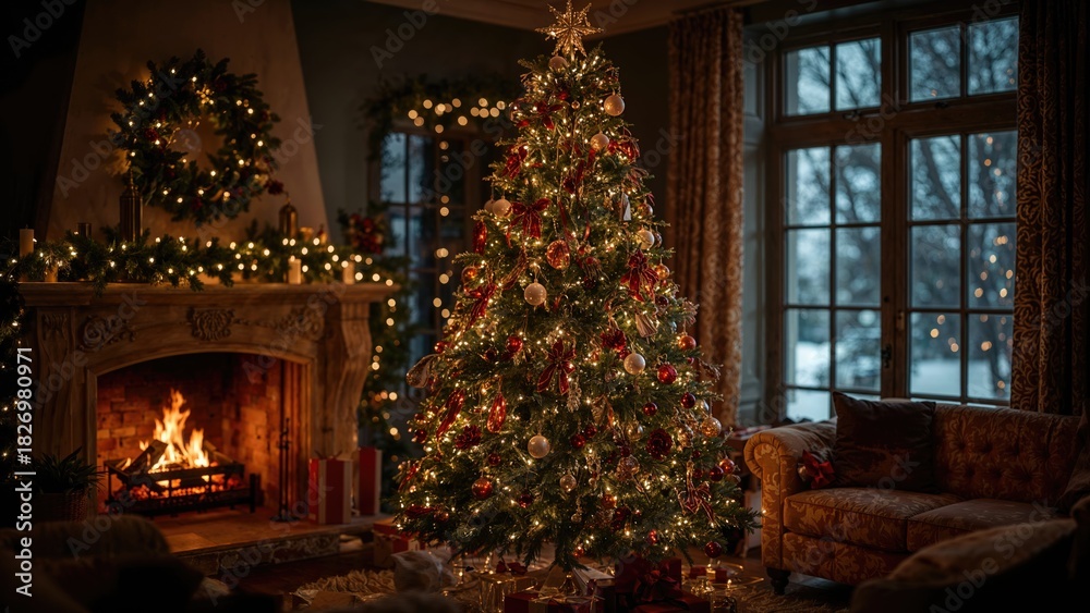 Fototapeta premium A cozy Christmas living room with a decorated Christmas tree, lit fireplace, and large windows showing a snowy evening outside.