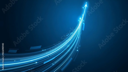 Dynamic blue lines lead to arrow symbol, representing growth, progress and upward trends in modern business and technology industries, concept