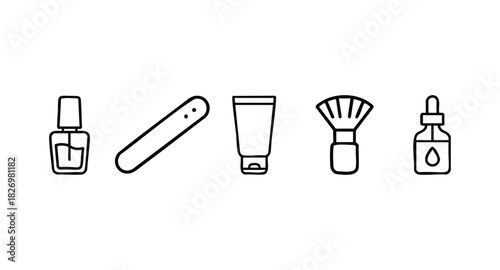 Cosmetic accessories for personal care and beauty routines including nail polish bottle, nail file, cream tube, makeup brush, and serum dropper for skincare.