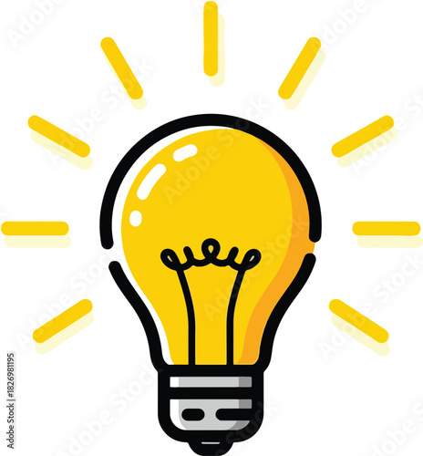 A bright yellow light bulb illustration radiates shining lines symbolizing an idea or innovation clearly
