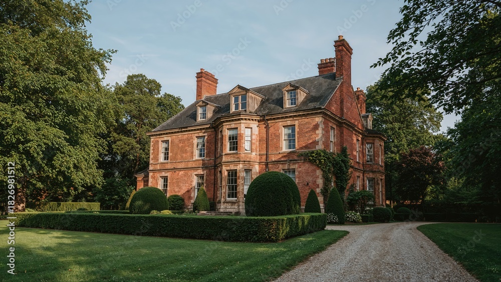 Fototapeta premium A large brick house with architectural features and a manicured garden, surrounded by tall trees and a gravel driveway.