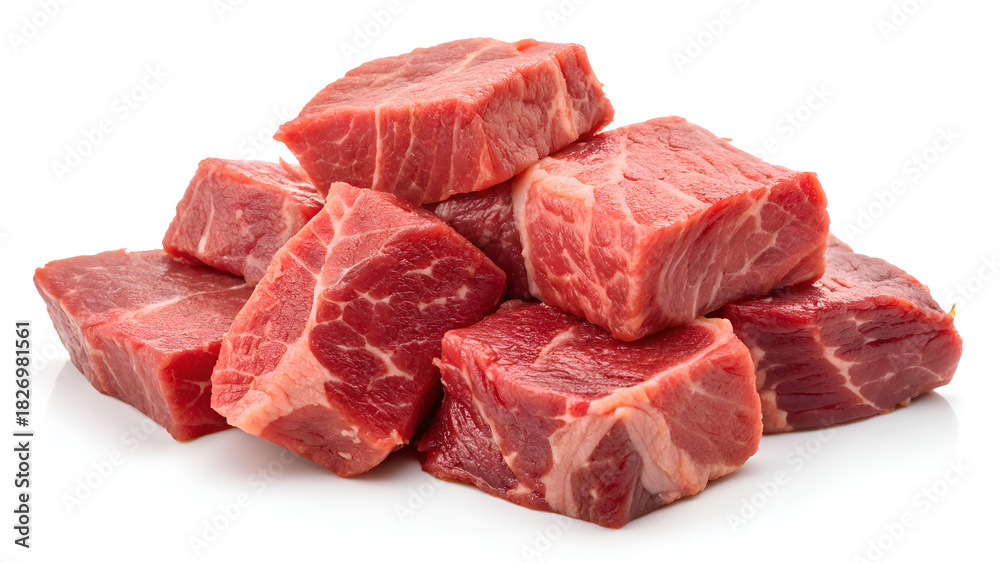 Fototapeta premium Prime beef cubes ready for grilling, stewing or kabobs, showing fresh marbling and rich color for culinary creations and delicious recipes