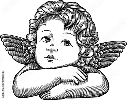 angel with wings ink vintage style vector illustration